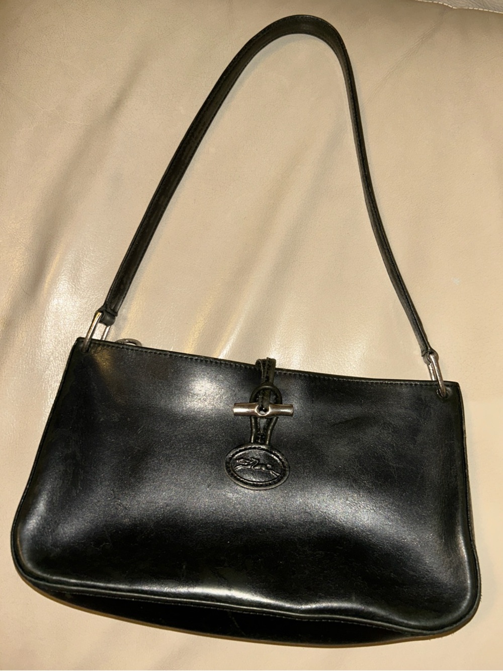 Longchamp Black Leather Shoulder Bag with Turn-Lock Detail
